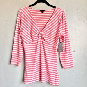 Guess Women Hot Coral Pink White Striped Ribbed 3/4 Sleeve Ruched V Front Top XL